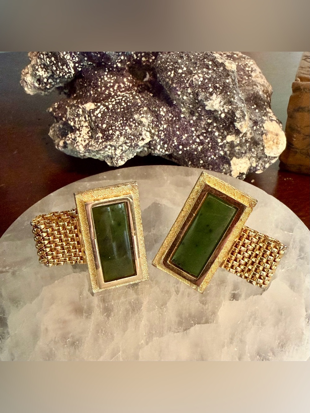 Vintage Serpentine and Gold Rectangular Cuff Links